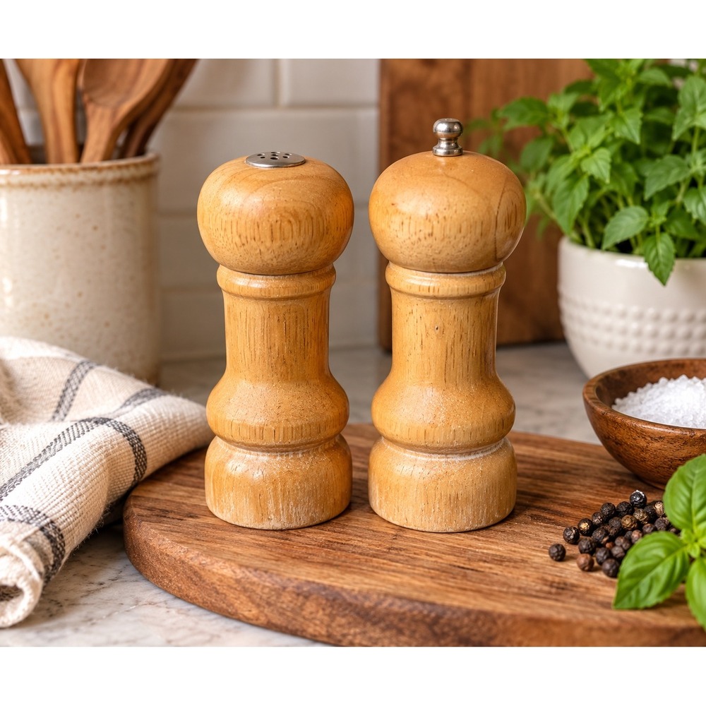 Vintage Wooden Salt Shaker and Pepper Mill Set Farmhouse Kitchen Decor 6 Inch